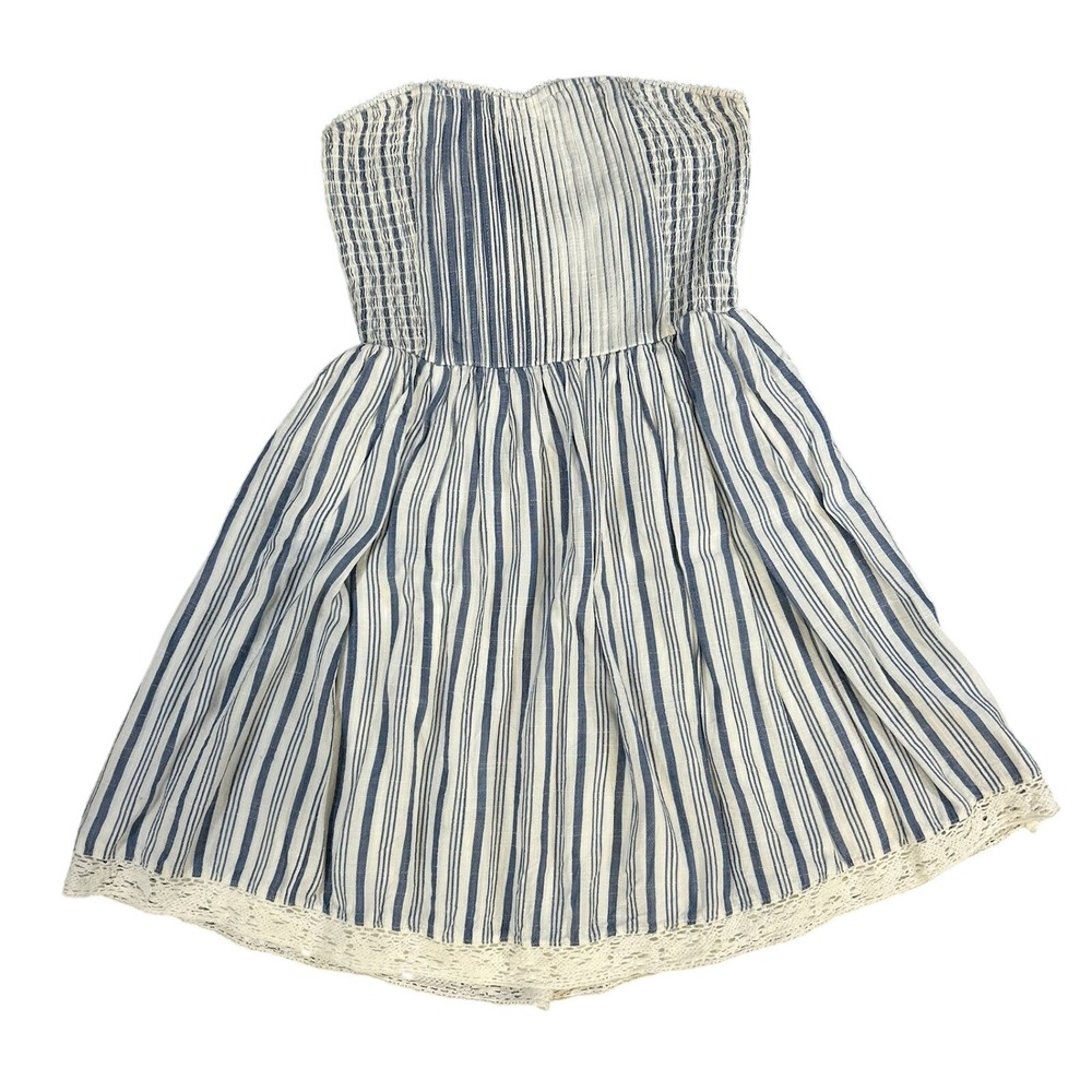 Aeropostale Womens Strapless Y2K Romantic  Dress Blue White‎ Stripe Lace Trim XS